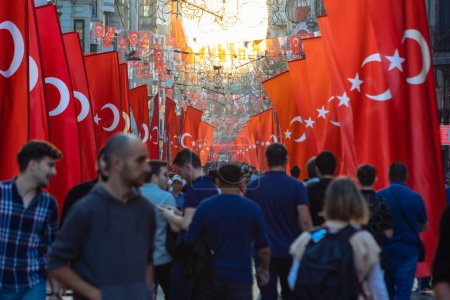 Photo for National holidays of Turkiye concept photo. Turkish People and flags in Istiklal Avenue. Istanbul Turkiye - 10.28.2023 - Royalty Free Image