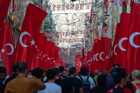 Photo for Naional holidays of Turkiye concept. People and Turkish flags in Istiklal Avenue. Istanbul Turkiye - 10.28.2023 - Royalty Free Image