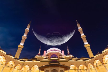 Photo for Ramadan or islamic concept image. Mosque with crescent moon between the minarets. Ramadan kareem or eid mubarak or laylat al-qadr or kadir gecesi concept. - Royalty Free Image