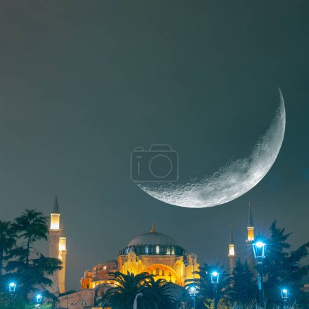 Photo for Hagia Sophia or Ayasofya Mosque with crescent moon. Islamic concept image. Ramadan kareem or eid mubarak or kadir gecesi or laylat al-qadr background. - Royalty Free Image