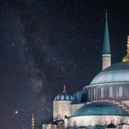 Sultanahmet Camii or Blue Mosque and milky way. Ramadan or islamic or laylat al-qadr or kadir gecesi concept image.