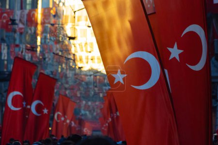 Photo for Turkish flags in Istiklal Avenue. National holidays of Turkiye concept photo. Republic day or Victory day concept. - Royalty Free Image