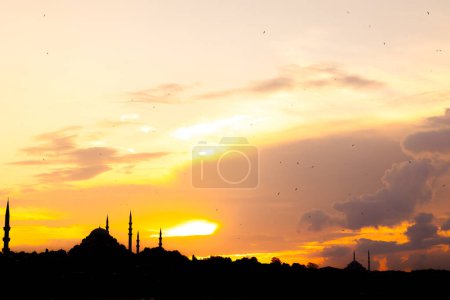 Istanbul silhouette view at sunset. Ramadan or islamic concept photo. Visit Istanbul background.