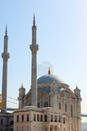 Ortakoy Mosque aka Buyuk Mecidiye Cami vertical photo. Travel to Istanbul concept.