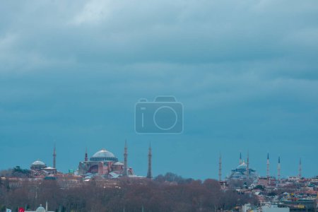Istanbul view. Hagia Sophia and Blue Mosque with cloudy sky. Ayasofya Mosque and Sultanahmet Camii view.