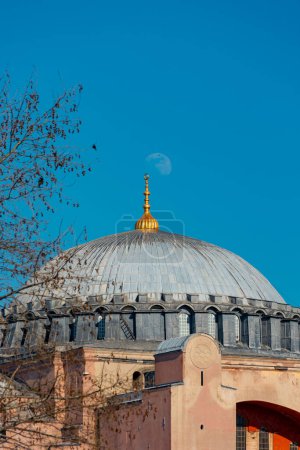 Hagia Sophia with full moon. Ramadan or islamic background photo. Visit Istanbul concept background.