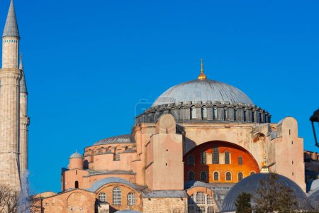 Islamic or ramadan background photo. Hagia Sophia or Ayasofya Mosque view with clear sky. Visit Istanbul concept photo.