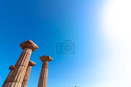 Columns of Temple of Athena in Assos ancient city with copy space for texts. Ancient greek architecture concept background.