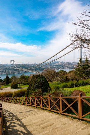 Fatih Sultan Mehmet Bridge and cityscape of Istanbul view from Otagtepe. Visit Istanbul vertical background.