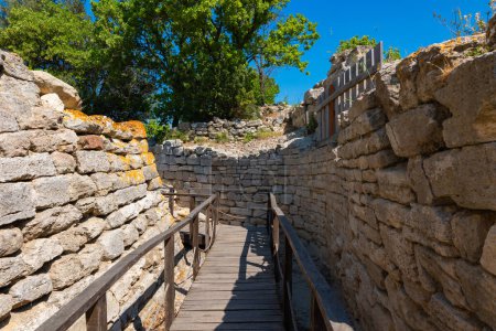 A wooden walkway in the ruins of Troy Ancient city in Canakkale Turkiye. Visit Turkey concept photo.