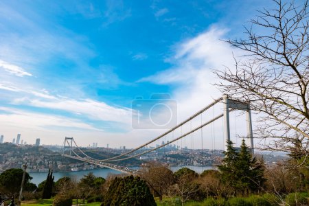 Fatih Sultan Mehmet Bridge and cityscapa of Istanbul with partly cloudy sky. Visit Istanbul background photo.