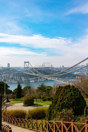 Fatih Sultan Mehmet Bridge and cityscape of Istanbul from Otagtepe. Visit Istanbul concept photo.