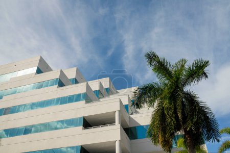 Foto de Vista de bajo ángulo de un edificio con ventanas reflectantes y estructura en capas en Miami, Florida. Hay una palmera en el lado izquierdo del edificio con paredes blancas bajo el cielo al fondo. - Imagen libre de derechos