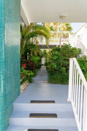 Photo for Stairs near the blue mosaic wall on the left and white handrails on the right at Miami, Florida. Stairs heading to a pathway in between the plants under the footbridge. - Royalty Free Image