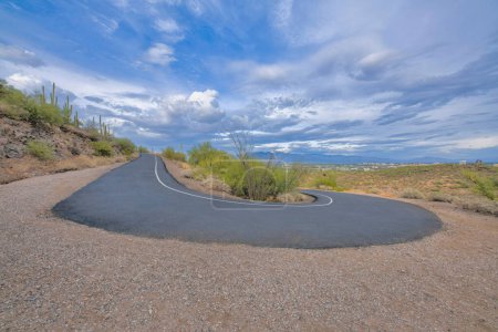 Téléchargez les photos : Piste cyclable et passerelle en forme de U avec vue sur le paysage de Tucson, Arizona. Chemin près de la pente sur la gauche avec des cactus saguaro et un fond de ciel. - en image libre de droit
