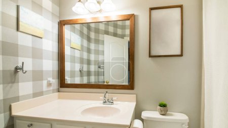 Panorama Pequeño baño interior con fondo de pantalla a cuadros a la derecha. Hay un inodoro con planta en maceta y marco de imagen cerca del espejo enmarcado a la derecha sobre el lavabo de la vanidad con cajones blancos.