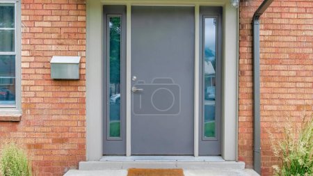 Téléchargez les photos : Panorama Porte d'entrée moderne grise avec deux panneaux latéraux et boîte aux lettres sur le côté. Accueil extérieur avec briques et escaliers aux portes au milieu de l'herbe haute sur le côté. - en image libre de droit