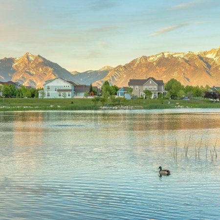Photo for Square Whispy white clouds Oquirrh Lake at Daybreak, Utah with a view of mountain range at the back. Lake waterfront of a residential areaa with grass and rocks on the shoreline against the houses and trees. - Royalty Free Image
