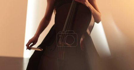 Foto de Mujer soltera tocando el violonchelo, primer plano y primer plano medio, arco de violonchelo y cuerdas, transiciones suaves de la cámara de enfoque a fuera de foco, hermosas tomas fílmicas, artísticas. - Imagen libre de derechos