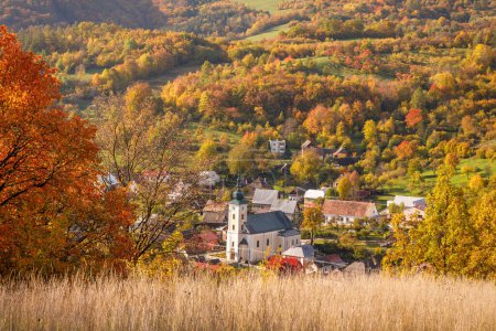 Photo for View of autumn rural landscape with The Lednica village in the White Carpathian Mountains, Slovakia, Europe. - Royalty Free Image