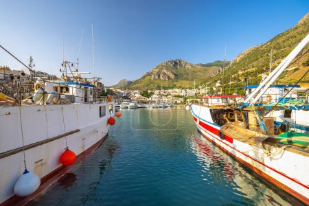 Photo for Castellammare del Golfo on Sicily, harbor with fishing boats in the morning, Italy, Europe. - Royalty Free Image