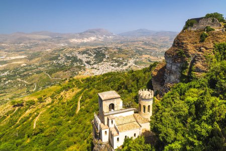 Scenic view from Erice at countryside with Torretta Pepoli chateau in Sicily, Italy, Europe.
