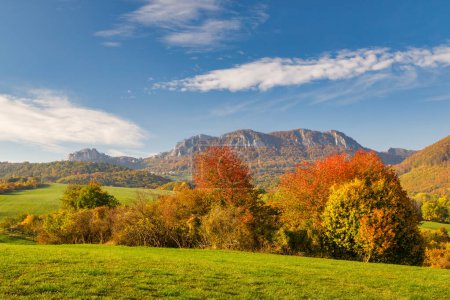 Téléchargez les photos : Vue du paysage d'automne avec des montagnes rocheuses en arrière-plan. La Réserve Naturelle Nationale Vrsatec dans les Carpates Blanches, Slovaquie, Europe. - en image libre de droit