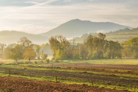 Photo for Rural landscape in an autumn foggy morning. Northwest of Slovakia, Europe. - Royalty Free Image