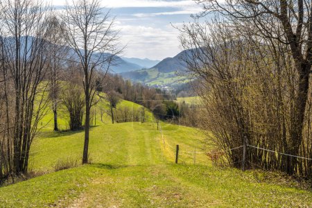 Foto de Paisaje primaveral con prados verdes y montañas al fondo. Vista del Parque Nacional Mala Fatra en Eslovaquia, Europa - Imagen libre de derechos