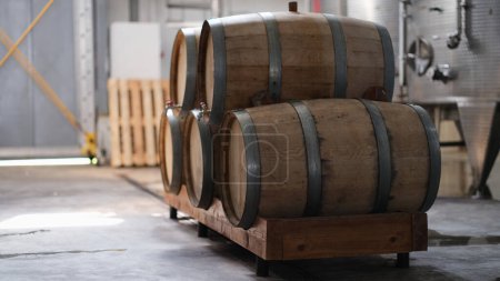 Téléchargez les photos : Winery and cognac factory with steel fermentation tanks and wooden barrels for aging process. Food industry and winemaking concept - en image libre de droit
