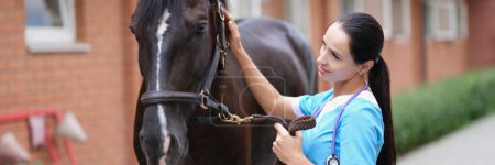 Foto de Female doctor in uniform with horse in stable.Veterinary services and medical examination of horses - Imagen libre de derechos