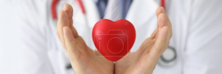 Téléchargez les photos : Le docteur cardiologue tient le cœur rouge dans l'air. Transplantation cardiaque et maladies cardiovasculaires - en image libre de droit