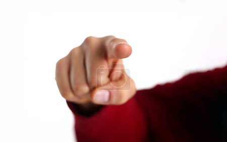Photo for Male arm show forefinger in camera closeup isolated on white background. Uncle sam want to have you on state service - Royalty Free Image