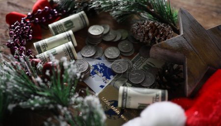Photo for Close-up of coins banknotes and credit cards. Christmas presents and savings. Pinecones and sprig with snowflakes. Festive xmas decorations and economy concept - Royalty Free Image