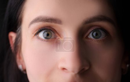 Téléchargez les photos : Gros plan des yeux féminins avec maquillage permanent des sourcils et faux cils. Concept de soins de la peau des paupières - en image libre de droit