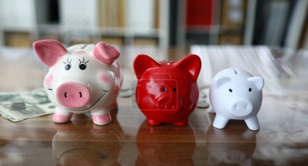 Focus on multicolored piggy banks standing on varnished wooden table with green banknotes and expensive metallic coins lying on desk. Funding capital and investment concept