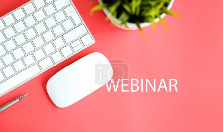 Photo for Webinar online education concept. Office workplace coral background - Royalty Free Image