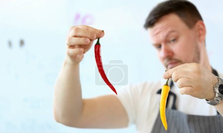 Photo for Chef Holding Organic Chili Hot Pepper Photography. Man Showing Yellow and Red Vegetables in Kitchen. Vegetarian and Healthy Ingredient. Spicy Vegan Healthy Food Partial View Horizontal Shot - Royalty Free Image
