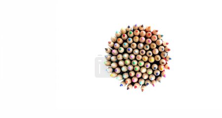 Many sharp wooden pencils in shape of circle top view. Variety of colors concept