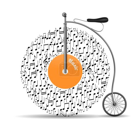 Retro vinyl record bicycle in music notes