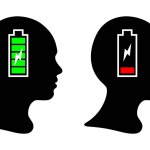 Black silhouette of girl's and boy's head and with battery