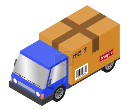 Camión de reparto con caja de cartón, ilustración izométrica vectorial
