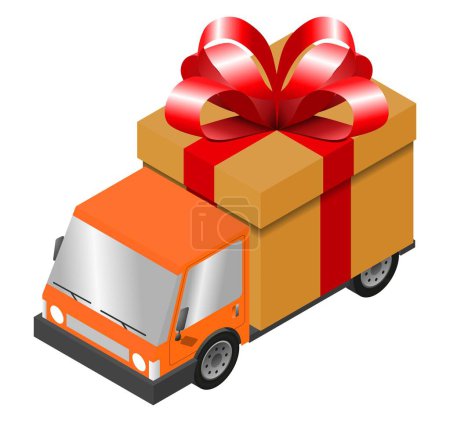 Téléchargez les illustrations : Camion de livraison avec boîte en carton, illustration vectorielle izométrique - en licence libre de droit