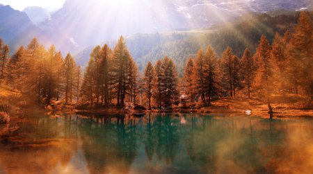 Foto de Lake Lago Blu near Breuil-Cervinia, Val D'Aosta, Italy. Beautiful autumnal mountain landscape. - Imagen libre de derechos