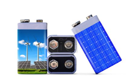 Foto de Batería con paneles solares y aerogeneradores aislados sobre fondo blanco. El concepto de recursos sostenibles o energía verde. - Imagen libre de derechos