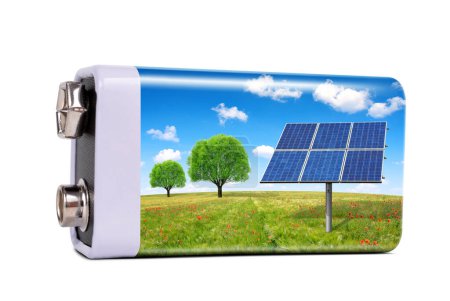 Battery with solar panels isolated on white background. The concept of sustainable resources.