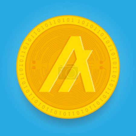 Illustration for Algorand ALGO golden coin isolated on blue background. Cryptocurrency vector illustration eps 10 template. - Royalty Free Image