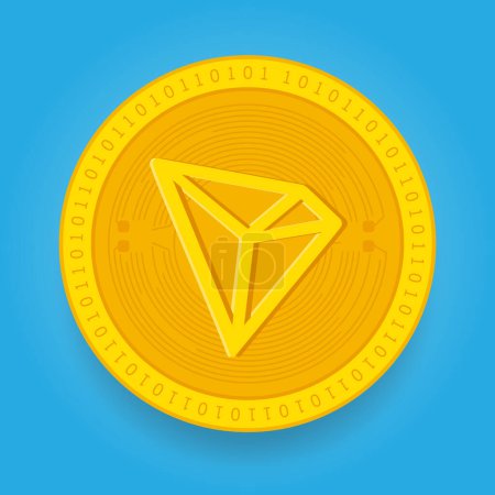 Illustration for Tron TRX golden coin isolated on blue background. Cryptocurrency vector illustration eps 10 template. - Royalty Free Image