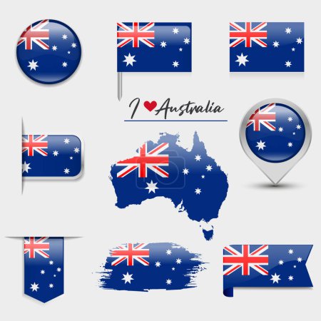 Téléchargez les illustrations : Drapeau Australie - collection plate. Drapeaux de différentes icônes plates en forme. Illustration vectorielle - en licence libre de droit