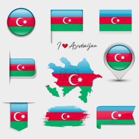 Illustration for Azerbaijan flag - flat collection. Flags of different shaped flat icons. Vector illustration - Royalty Free Image